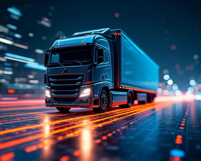 Ciężarówka na tle neonowej mapy drogowej